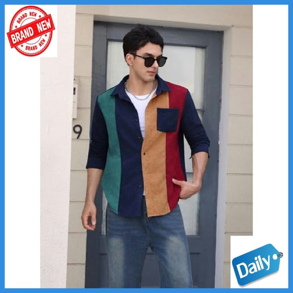 Men's Corduroy Button Down Long Sleeve Collar Shirt Pocket - Picture 6 of 8